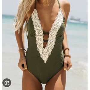 Cupshe Olive Green And Lace‎ One Piece Swimsuit